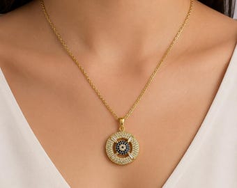 Zircon Evil Eye Pendant, Dainty Gold Necklace,