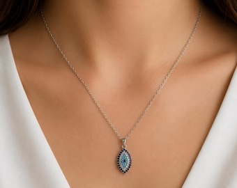 Blue Evil Eye Zircon Necklace, Silver Dainty Pendant Necklace,