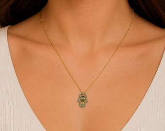 Gold Hamsa Hand Necklace, Turquoise CZ Pendant,
