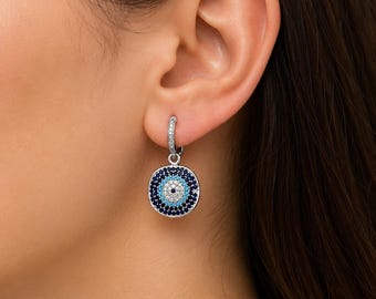 Gold Evil Eye Zircon Hoop Earrings, Blue Nazar Dangle Earrings