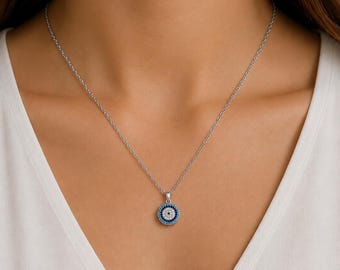 Dainty Evil Eye Necklace Silver, Cubic Zirconia Blue Nazar Pendant