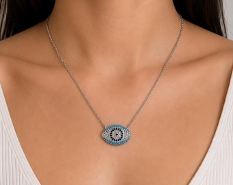 Evil Eye Necklace, Blue Zircon Eye Pendant
