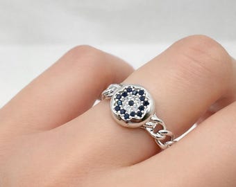 Blue Evil Eye Ring, Gold Silver Adjustable CZ Nazar Jewelry Protection