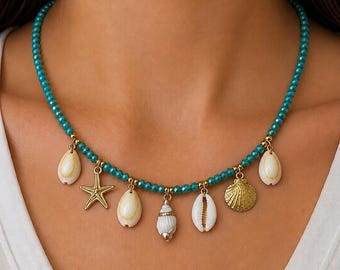 Turquoise Beaded Shell Charm Necklace, 14k Plated Gold Stainless Steel Beach Jewelry