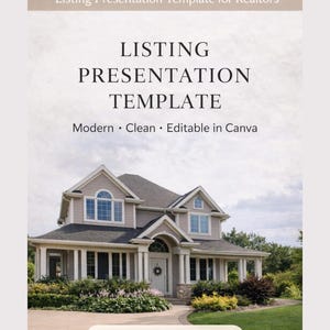 Op de afbeelding: Een presentatiesjabloon voor makelaars. Het ontwerp toont een huis met twee verdiepingen met een grijze buitenkant, witte afwerking en een donker dak. Tekst bevat "Listing Presentation Template" en "Instant Download."