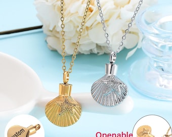 Collar con urna de concha de estrella de mar personalizada, colgante para cenizas grabable, joya conmemorativa que se puede abrir y que incluye una herramienta de llenado de estilo aleatorio.