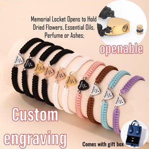 May include: A collection of braided cord bracelets featuring heart-shaped metal lockets engraved with the text Forever In My Heart. The lockets are openable to hold small items. The bracelets come in black, white, pink, brown, blue, and purple.