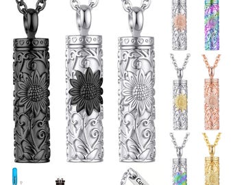 Sunflower Cylinder Urn Necklace for Ashes, Stainless Steel Cremation Necklace, Keepsake Jewelry for Human Pet, Sympathy Gift for Him