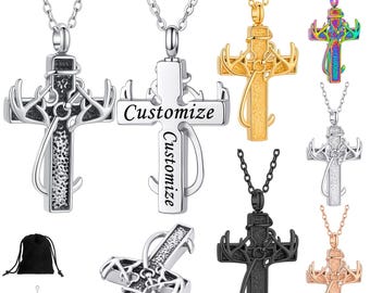 Custom Engraved Cross Urn Necklace for Ashes, Deer Antler & Fish Hook Memorial Pendant, Stainless Steel Cremation Jewelry