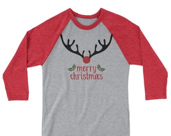 Festive Merry Christmas with Deer Antlers 3/4 Sleeve Raglan Holiday Christmas T-Shirt