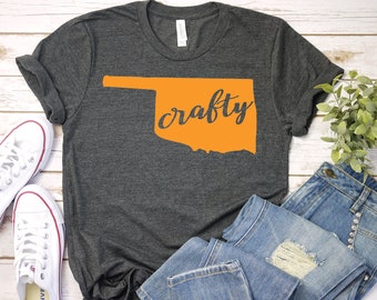 Orange Crafty Oklahoman Short Unisex Sleeve T-shirt Cute Oklahoma State Pride Tee Shirt for Crafters, Makers, Sewers, Stitchers of All Kinds