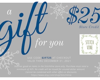 25 USD Gift Certificate for StitchVine shop, Gift certificate, Electronic gift card, Electronic gift certificate, Holiday Gift
