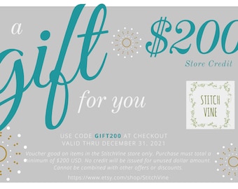 200 USD Gift Certificate for StitchVine shop, Gift certificate, Electronic gift card, Electronic gift certificate, Holiday Gift