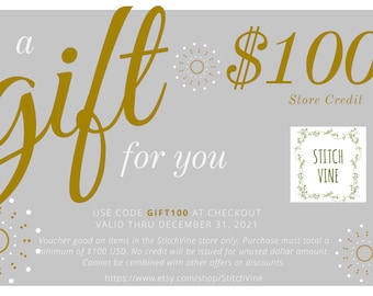 100 USD Gift Certificate for StitchVine shop, Gift certificate, Electronic gift card, Electronic gift certificate, Holiday Gift