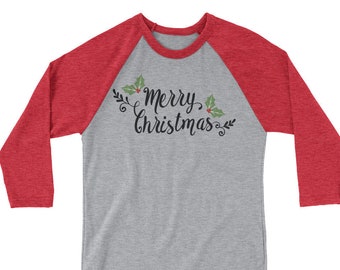 Merry Christmas with Holly 3/4 Sleeve Raglan Christmas T Shirt > Perfect Holiday Gift!