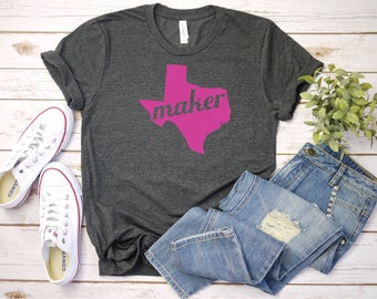 Pink Texas Maker Short Unisex Sleeve T-shirt Cute State Pride Tee Shirt for Crafters, Makers, Sewers, Stitchers of All Kinds