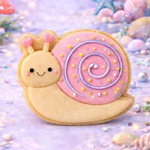 May include: A snail-shaped cookie cutter with a smiling face and a pink shell. The cookie has a spiral design and is decorated with small yellow dots. The text "snail cookie cutter STL digital download" is visible.