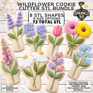 Pode incluir: Um conjunto de oito formas de cortadores de biscoitos STL de flores silvestres, cada uma com nove opções de tamanho, num total de 72 ficheiros STL. Os biscoitos são decorados com glacê colorido em forma de várias flores, incluindo lavanda e tulipas.