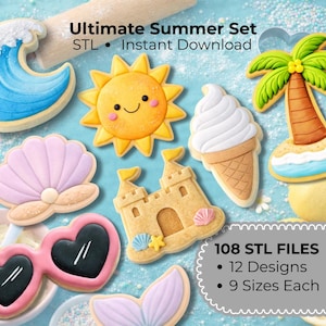 Könnte beinhalten: Ultimate Summer Set STL Instant Download. Eine Sammlung von keksförmigen Designs, darunter eine blaue Welle, eine gelbe Sonne, ein weißes Eis, eine Palme, eine lila Muschel, eine Sandburg und eine rosa Herz-Sonnenbrille. 108 STL-Dateien.