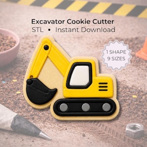 Peut inclure: Un emporte-pièce en forme d'excavatrice avec une cabine jaune, un godet noir et des chenilles noires. Le texte sur l'image indique : Excavator Cookie Cutter, STL, Instant Download, 1 SHAPE, 9 SIZES.