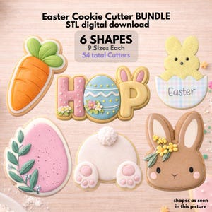 Może przedstawiać: Zestaw foremek do ciasteczek o tematyce wielkanocnej, w tym marchewka, jajko, królik i napis "HOP". Foremki mają różne kształty i rozmiary, z tekstem "Easter Cookie Cutter BUNDLE" i "6 SHAPES".