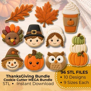 May include: A collection of ten Thanksgiving-themed cookie cutter designs including leaves, a coffee cup, a turkey, a pilgrim, a bonnet-wearing person, a scarecrow, a pumpkin, an owl, and a pumpkin stack, with text reading Thanksgiving Bundle.