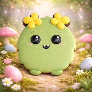 Könnte beinhalten: Ein skurriles, grünes Keks in Form einer freundlichen Kreatur mit großen schwarzen Augen, einem lächelnden Mund und gelben blütenartigen Akzenten. Der Keks befindet sich in einer skurrilen Außenszene mit Pilzen und Blumen.