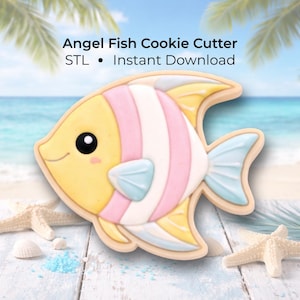 May include: A colorful angel fish cookie cutter with a yellow body, pink and white stripes, and blue fins. The cookie cutter is on a white wooden surface with starfish and the text "Angel Fish Cookie Cutter STL • Instant Download".