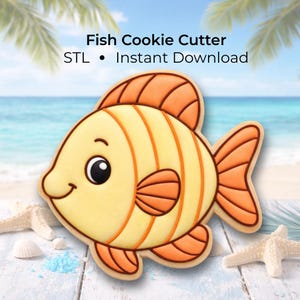 May include: A smiling, cartoon-style fish cookie cutter with orange and yellow details. The fish has a large eye and is decorated with orange outlines. Text above the fish reads "Fish Cookie Cutter" and "STL • Instant Download".