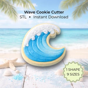 May include: A wave-shaped cookie cutter with a blue and white design, resembling ocean waves. The cutter has a light yellow border and is set against a beach background. Text on the image reads "Wave Cookie Cutter" and "STL • Instant Download".