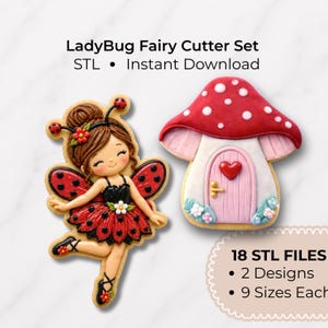 Peut inclure: Ensemble de découpoirs à biscuits représentant une fée coccinelle et une maison champignon. La fée a une robe et des ailes rouges et noires. La maison champignon a un chapeau rouge à pois blancs et une porte rose. Le texte indique "LadyBug Fairy Cutter Set".