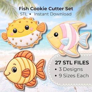 Puede incluir: Un conjunto de tres cortadores de galletas con forma de pez. Los cortadores de galletas son amarillos, naranjas, rosas y blancos. El texto "Fish Cookie Cutter Set" y "STL Instant Download" está en la parte superior. El texto "27 STL FILES, 3 Designs, 9 Sizes Each" está en la parte inferior.