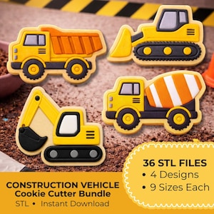 May include: Four construction vehicle cookie cutters in yellow, orange, and black, including a dump truck, bulldozer, excavator, and cement mixer. Text reads: CONSTRUCTION VEHICLE Cookie Cutter Bundle, 36 STL FILES, 4 Designs, 9 Sizes Each, STL, Instant Download.