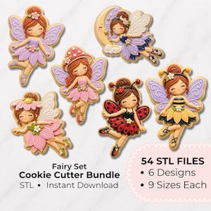 Peut inclure: Ensemble de six emporte-pièces sur le thème des fées. Chaque emporte-pièce présente un design de fée différent avec des robes et des ailes colorées. Le texte sur l'image indique "Fairy Set Cookie Cutter Bundle" et "54 STL FILES".