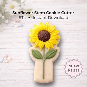 Pode incluir: Um cortador de biscoitos em forma de haste de girassol com pétalas amarelas e um centro marrom. O cortador de biscoitos tem folhas e caule verdes. O texto na imagem diz "Sunflower Stem Cookie Cutter STL • Instant Download".