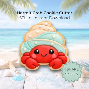 May include: A colorful hermit crab cookie cutter design. The cookie is red with a light blue and tan shell. The image includes the text "Hermit Crab Cookie Cutter STL • Instant Download" and "1 Shape 9 Sizes".
