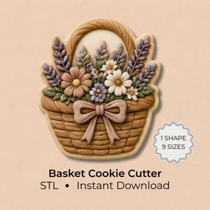 May include: A brown basket cookie cutter featuring a bouquet of lavender, white, and pink flowers with a central bow. The design includes a textured woven pattern on the basket. Text on the image reads: 1 SHAPE 9 SIZES, Basket Cookie Cutter, STL, Instant Download.