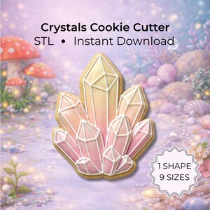 May include: A crystal-shaped cookie cutter with a gradient of pink and yellow icing, outlined in white. The image includes the text "Crystals Cookie Cutter STL • Instant Download" and a tag that says "1 Shape 9 Sizes."
