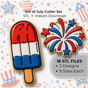 Könnte beinhalten: Ein 4th of July Ausstechformen-Set mit einem rot-weiß-blauen Eis am Stiel-Keks und einem Feuerwerks-Keks. Der Text lautet 4th of July Cutter Set, STL, Instant Download, 18 STL FILES, 2 Designs, 9 Sizes Each auf einem weißen Hintergrund.