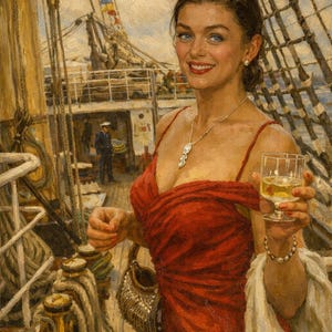 May include: A painting of a woman on a ship, wearing a red dress and holding a glass of wine. She is smiling and looking at the viewer. The background shows the ship's rigging and a cloudy sky.