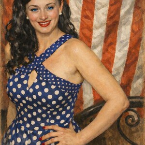 May include: A vintage-style painting of a woman in a blue polka dot dress with a halter neckline. The dress has a full skirt. The background features red and white stripes. The woman has dark hair, red lipstick, and is smiling.