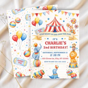 May include: A colourful circus-themed birthday invitation with a red and white striped tent, balloons, and circus animals. The invitation reads "It's Charlie's 2nd Birthday!" and includes RSVP details. The design also features stars and striped balls.