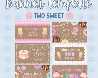 Sjabloon voor spandoek twee zoete verjaardagen | Donuts, ijs, cupcake-ontwerpen (bewerkbaar op canvas, digitale download)