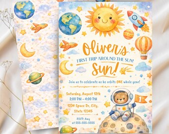 Eerste reis rond de zon-verjaardagsuitnodiging | Canva-sjabloon ruimtethema (digitale download)