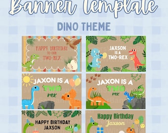Sjabloon voor spandoek verjaardag dinosaurus | Bewerkbaar dino-feestdecor (digitale download)