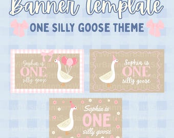 Sjabloon voor spandoek eerste verjaardag Silly Goose | Roze bloemen (canva bewerkbaar)
