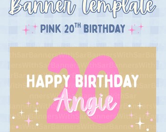Sjabloon voor spandoek roze 20e verjaardag | Girly Canva-feestdecor (digitale download)