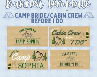 Sjabloon voor spandoek kampbruid | Decoratie vrijgezellenfeest camping (bewerkbare canvassjabloon)