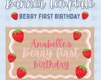 Sjabloon voor spandoek eerste verjaardag Berry | Bewerkbare canvassjabloon | 35 x 60" handgeschilderde feestachtergrond