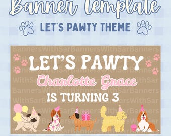 Sjabloon voor spandoek verjaardag hond | Roze puppyfeestdecor (digitale download)